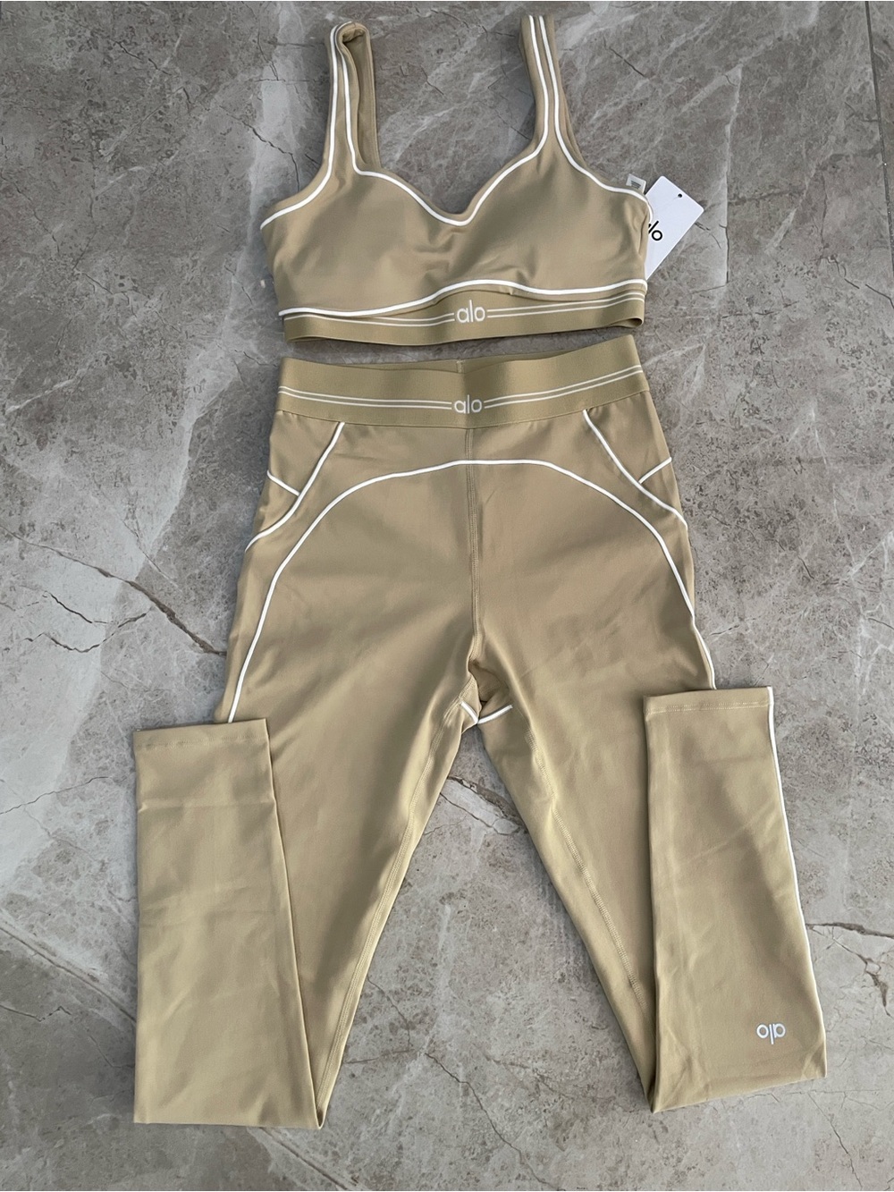 ALO Yoga Tan High-Rise Legging and Matching Bra Set with White Piping